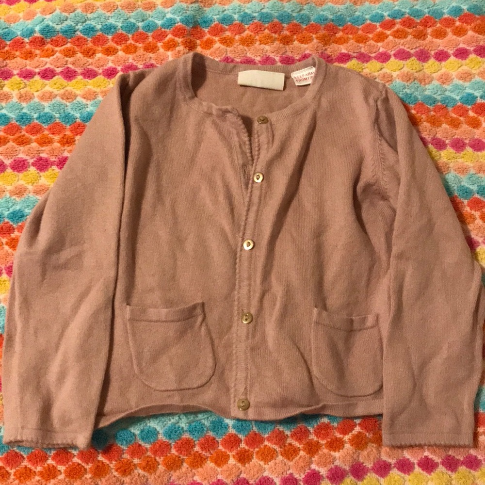 Mauve colored cardigan with gold buttons